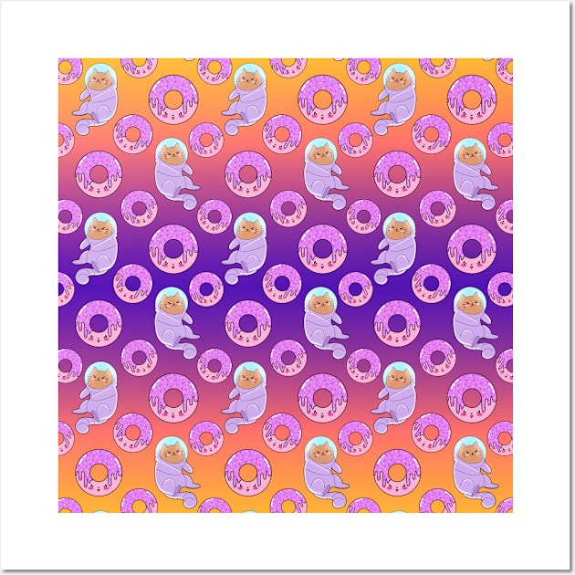 Cute sweet adorable Kawaii cats, funny pink yummy donuts with sprinkles colorful purple orange pattern design. Space suits and astronauts. Sweet galaxy. Wall Art by IvyArtistic